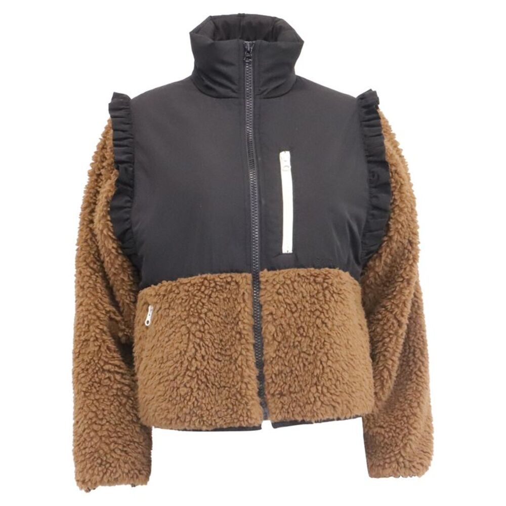 Sandy Liang Mia Ruffle-Trimmed Jacket in Brown Faux Fur